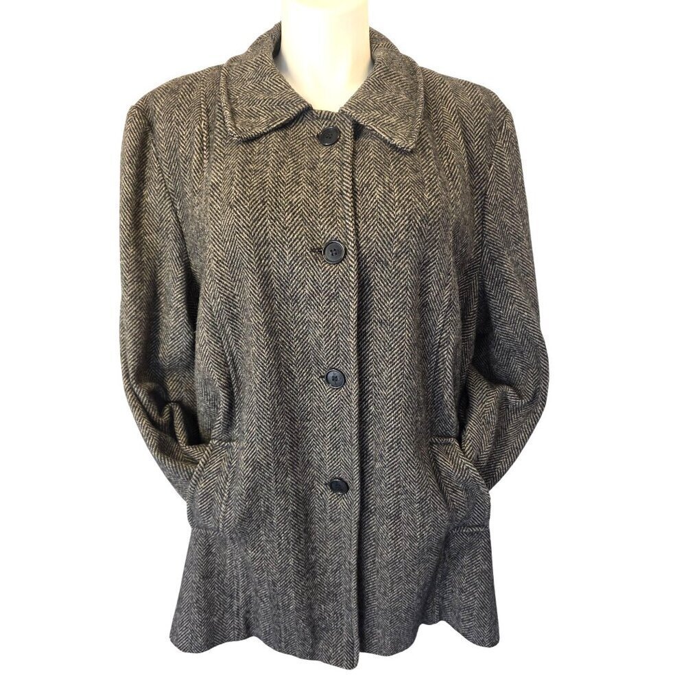 Lady Suzette 80s 90s Wool Cotton Blnd Coat Womens Sz L/XL Gray Black Herringbone